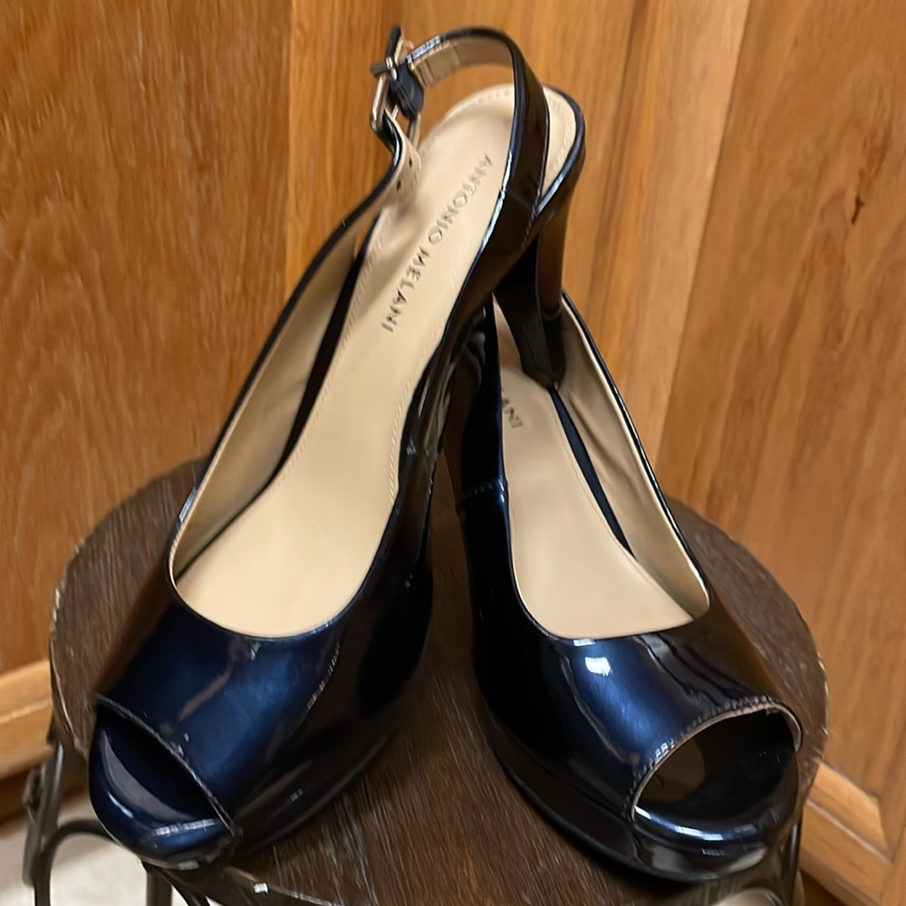 Dark blue patent leather sling back heels